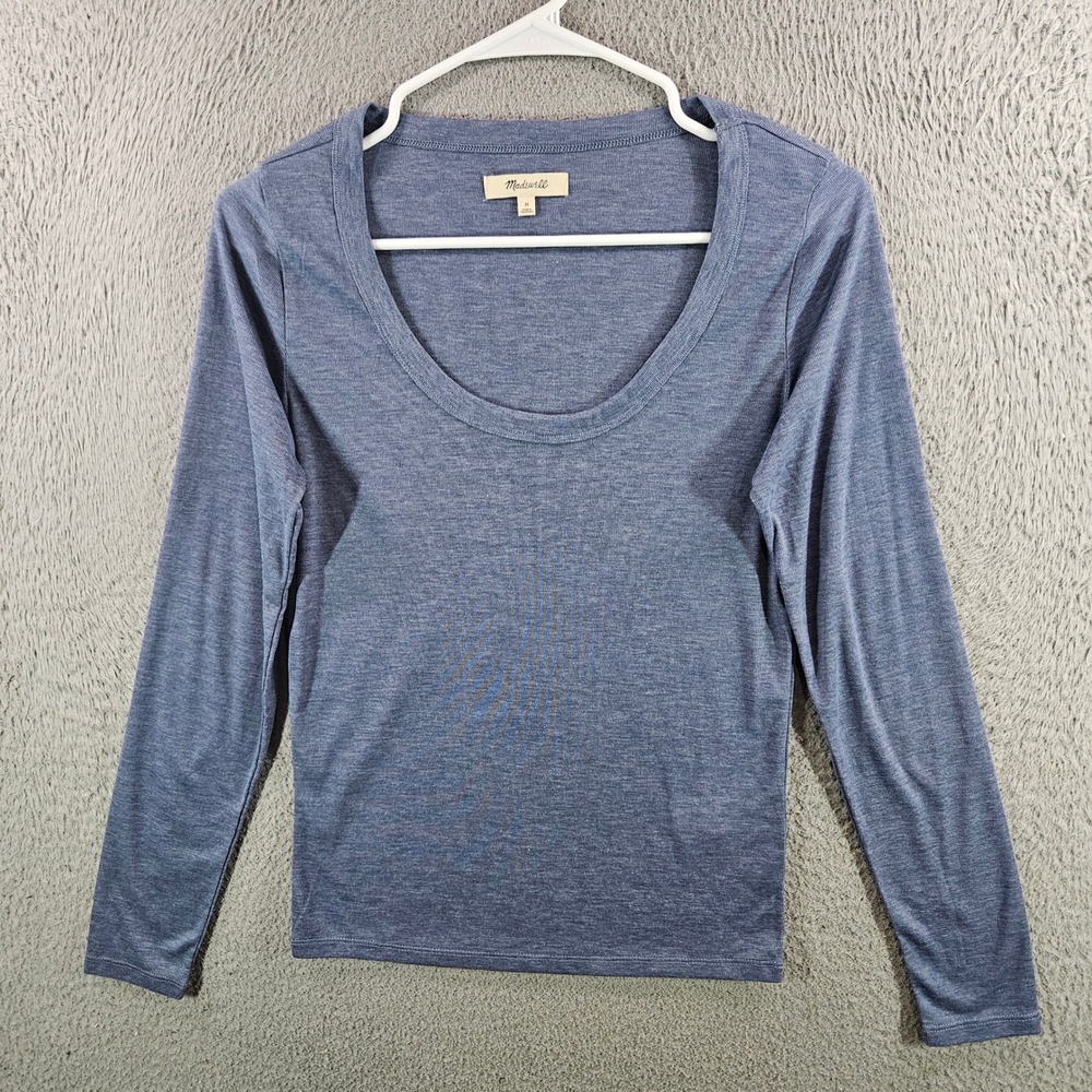 Madewell Womens Heathered Blue Scoop Neck Long Sleeve Top Size M